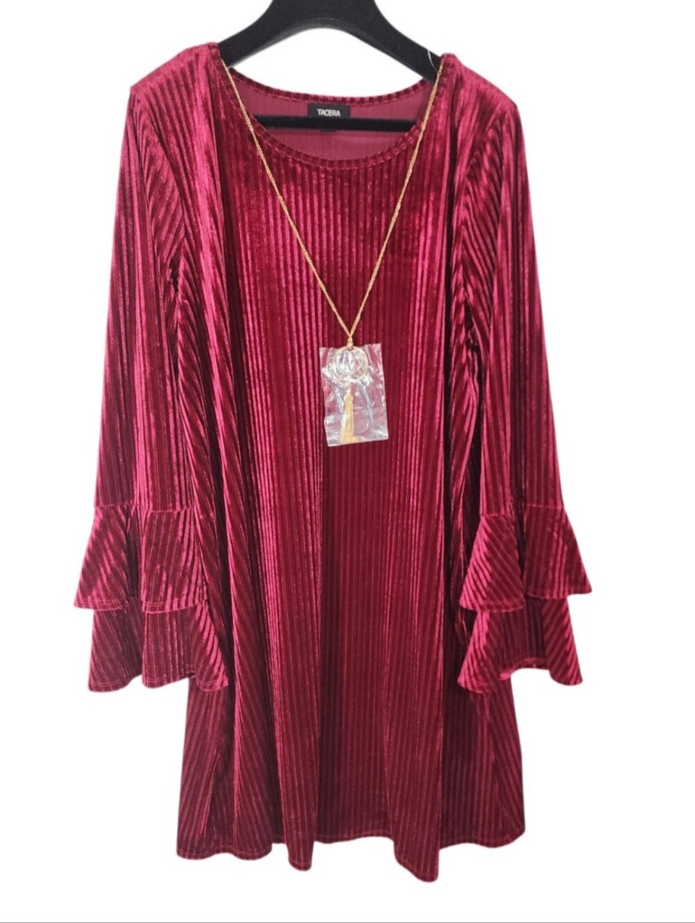 Tacera Velvet Ribbed Long Sleeve Dress in Wine Red